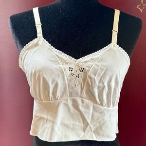 VTG 60s MCM Women Lace Trim Ivory Nylon HALF Cami Top 34 S M Coquette Camisole